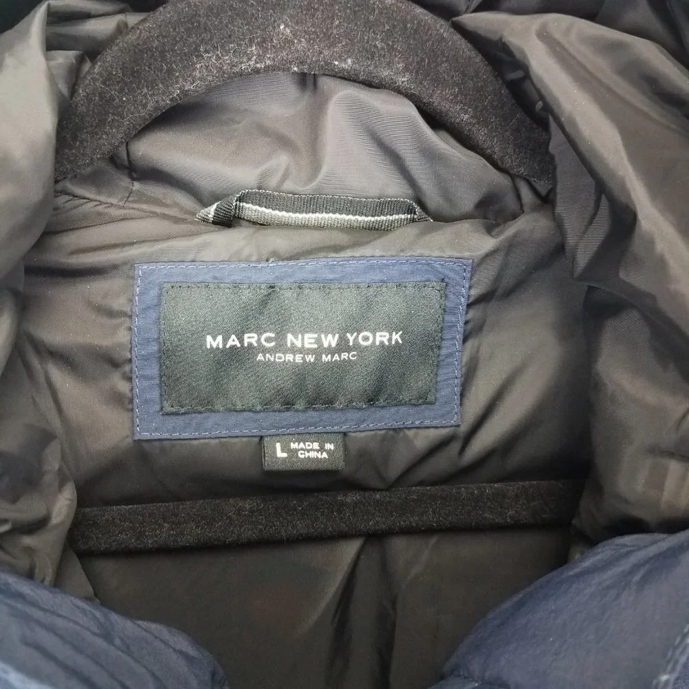 NWT MARC NY Andrew Marc Holden Jacket Coat Parka Duck Down Navy Hooded Mens L